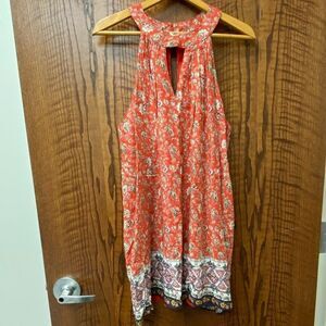 RSMR Rossmore halter neckline keyhole back sleeveless silk floral mini dress.